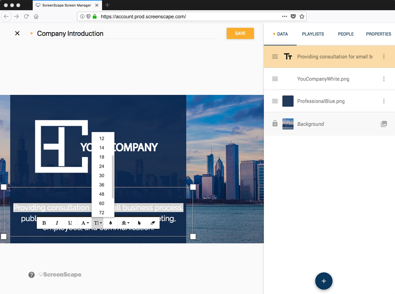 ScreenScape digital signage offers a built-in media editor tool that allows anyone to create beautiful onscreen messaging like a pro ScreenScape digital signage offers a built-in media editor tool that allows anyone to create beautiful onscreen messaging like a pro