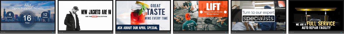 Check out these great screens you can create using ScreenScape digital signage carousel image of digital sign examples