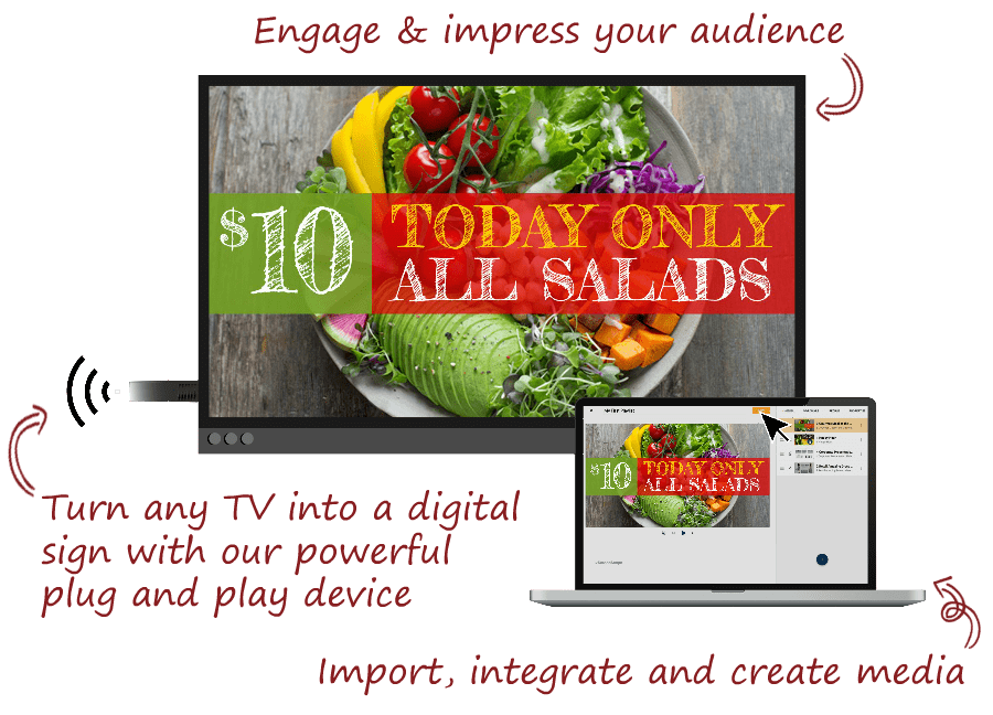 Turn any TV into a Digital Sign with ScreenScape's plug and play Connect device A laptop running a digital signage message