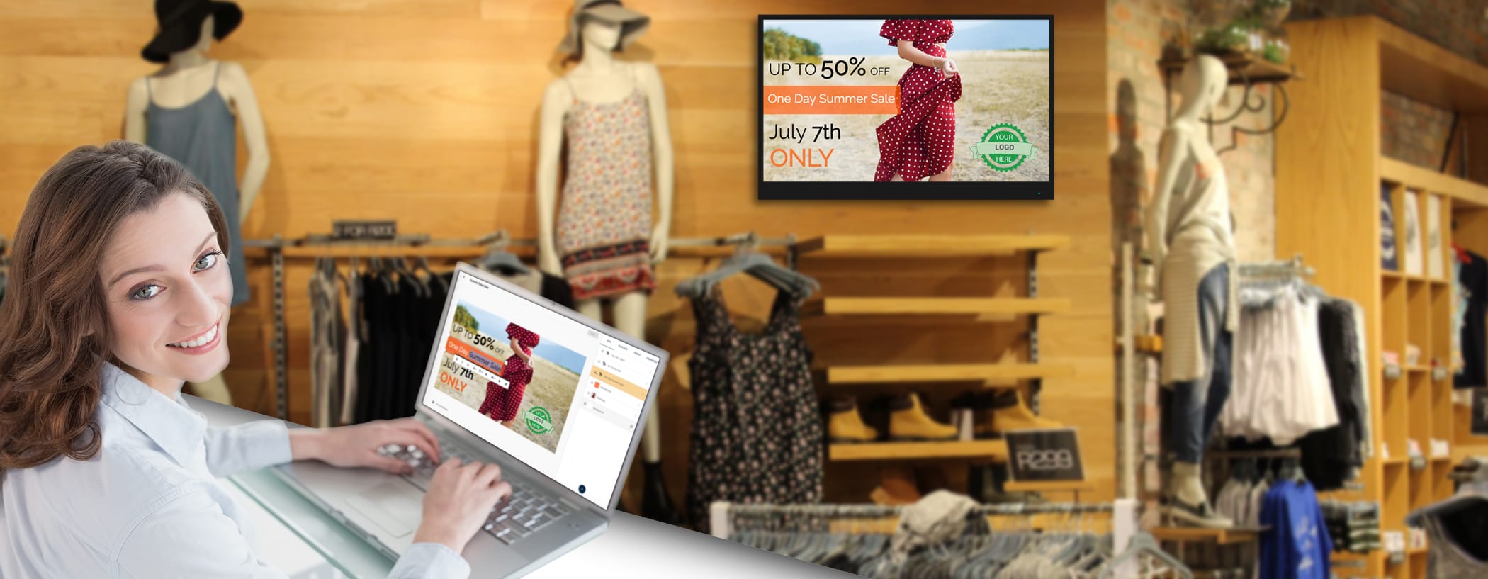 Image of woman using ScreenScape5 digital signage software publishing digital screen in a retail store Image of woman using ScreenScape5 digital signage software publishing digital screen in a retail store