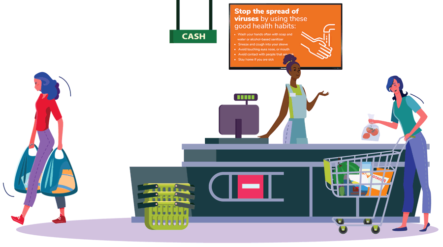 Image of people shopping with Covid19 messaging playing on tv